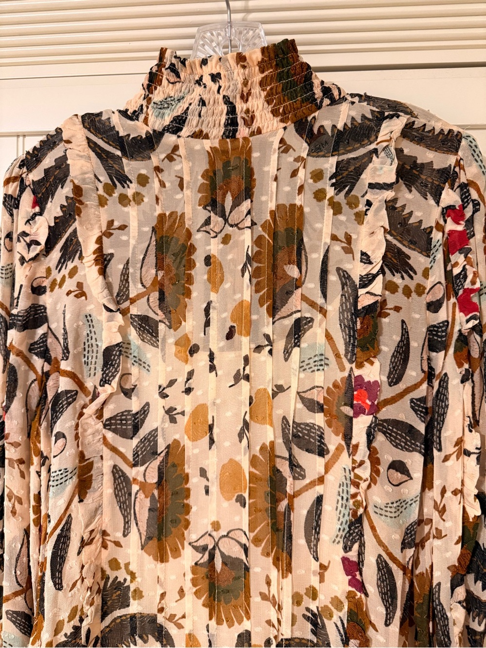 FARM Rio Palms Paradise Cream Floral Smocked High-Neck Long-Sleeve Mini Dress - Picture 9 of 15